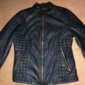 Calvin Klein Navy Blue Faux Leather Moto Jacket